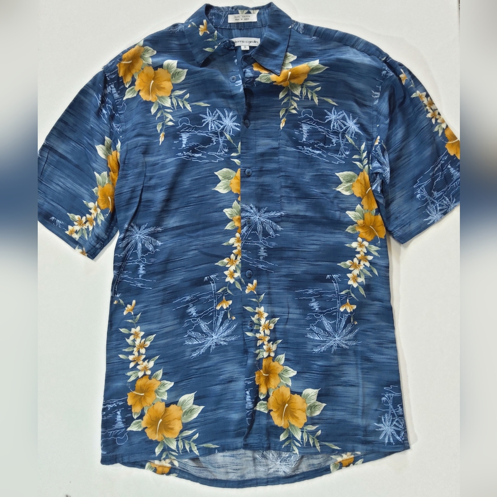 Pierre Cardin Hawaiian Shirt Mens Small Blue Yellow Floral Hibiscus Button Down